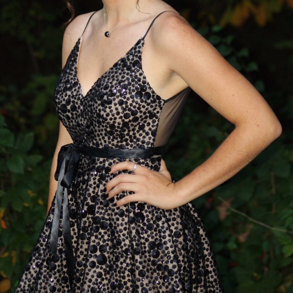 Spaghetti strap Black and Tan homecoming dress